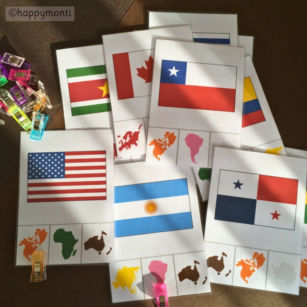 Montessori-Country to Continent Clip Cards_Printed Cards Montessori country-to-continent clip cards with flags and continent silhouettes. Includes flags of the USA, Argentina, Canada, and more. Perfect for geography activities, homeschool learning, and hands-on classroom use.