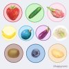 Isolated images of fruits and vegetables included in the Montessori number sense worksheets: strawberry, cucumber, dragonfruit, banana, blue quangdong, aubergine, cauliflower, kiwi, blueberry and potato.