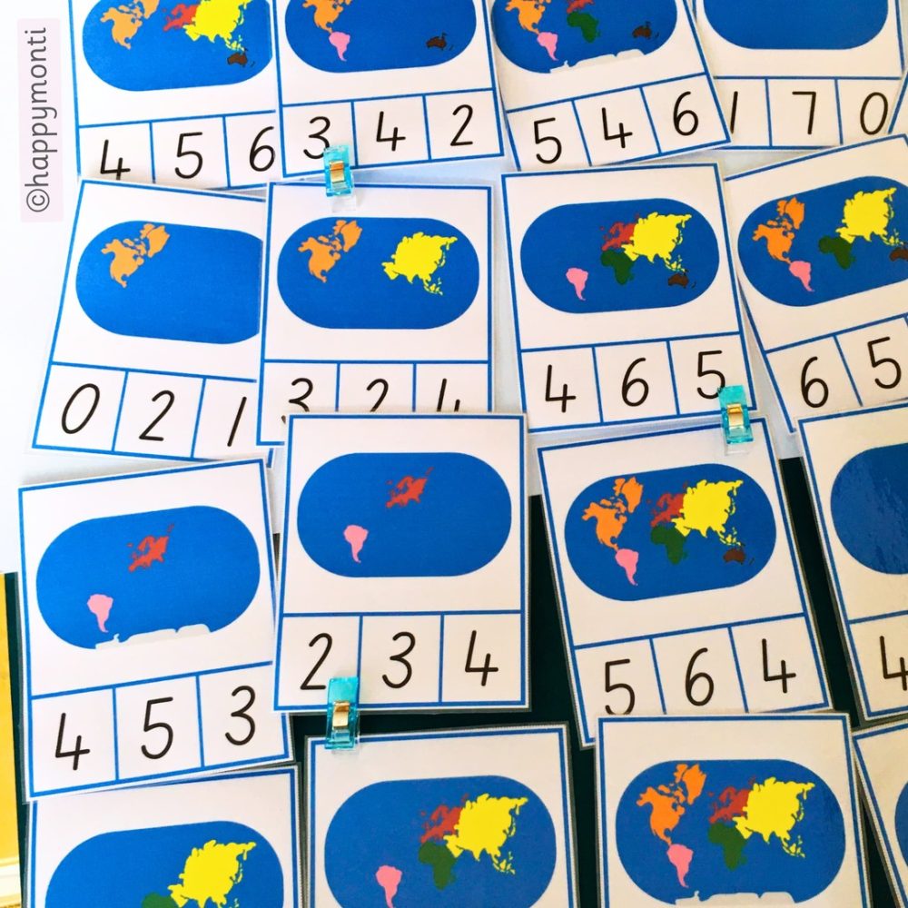 Montessori continent counting cards with color-coded maps and numbers for preschool geography and counting activities.
