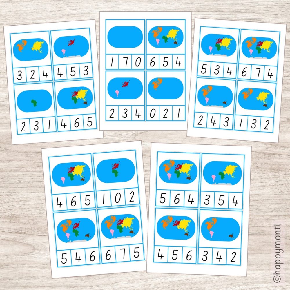Montessori continent counting cards on five printable sheets, featuring color-coded maps and numbers for preschool counting and geography activities.