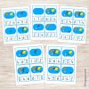 Montessori continent counting cards on five printable sheets, featuring color-coded maps and numbers for preschool counting and geography activities.