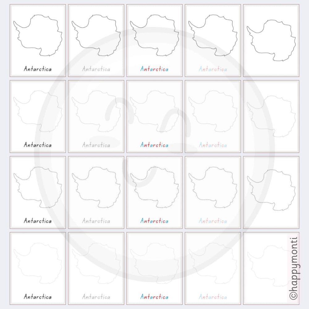 Montessori Antarctica tracing card set showcasing multiple page designs with dotted outlines and handwriting practice. Perfect for geography lessons and fine motor development in Montessori classrooms and homeschooling.