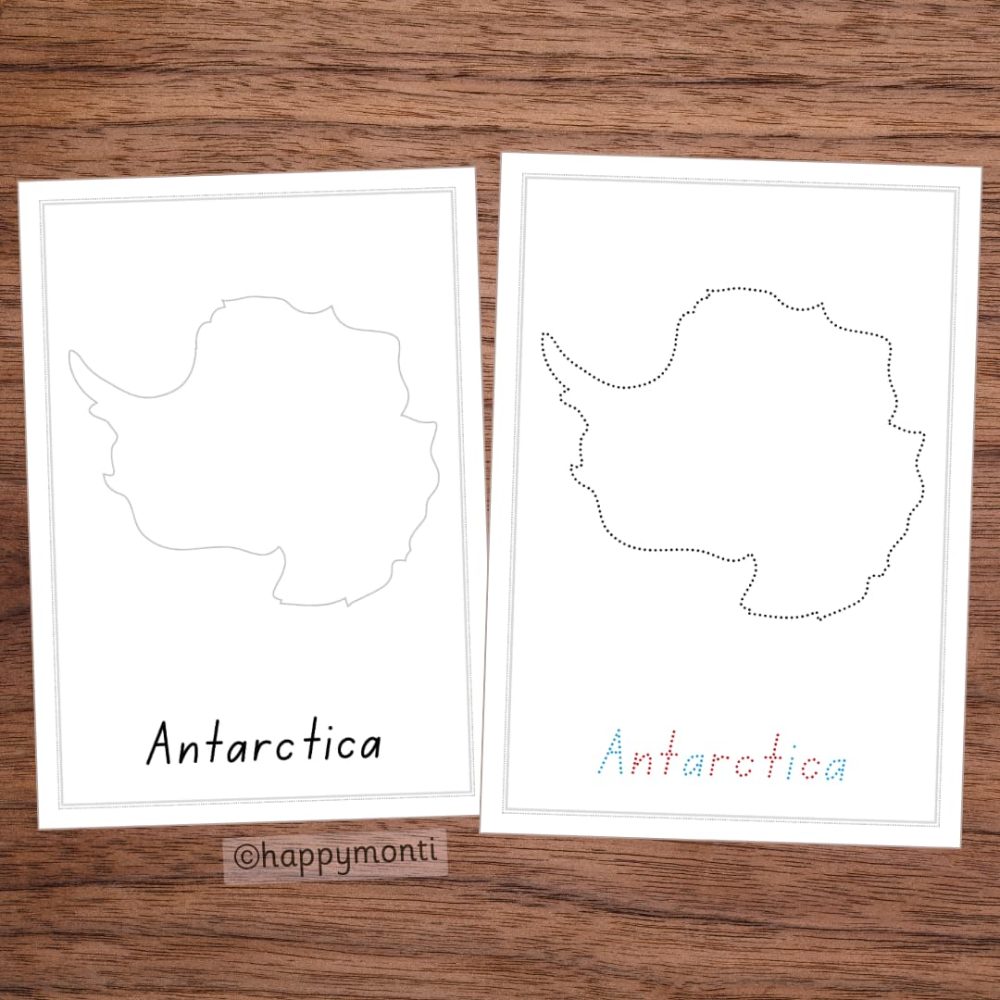 Montessori Antarctica tracing pages with outline and dotted versions for handwriting practice and geography lessons. Perfect for Montessori education and early learning activities.