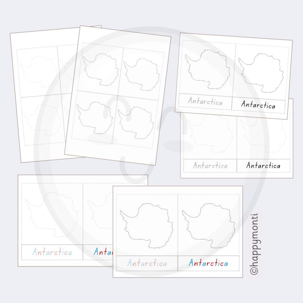 Montessori Antarctica tracing cards in various layouts for handwriting practice and geography learning. Includes dotted outlines and text for tracing, perfect for Montessori and homeschool activities.