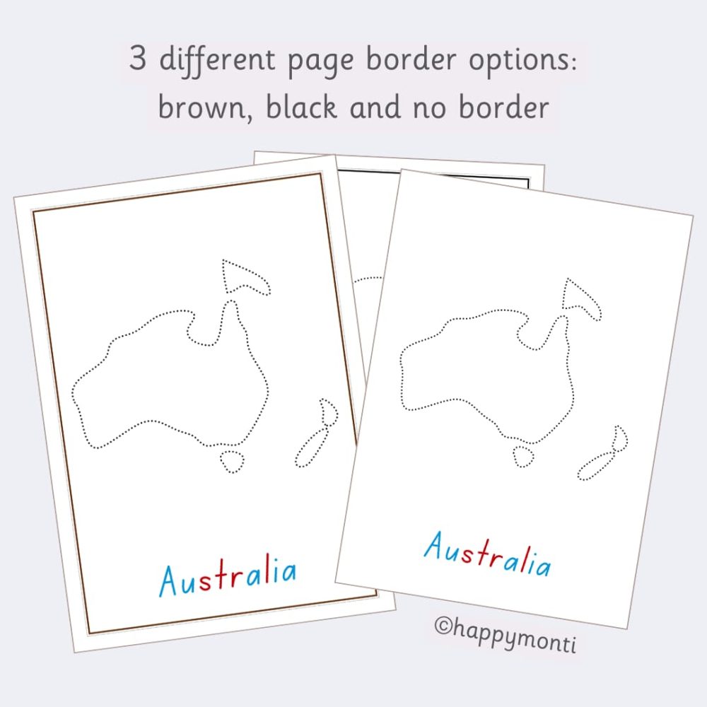 Montessori Australia tracing pages with three border styles (brown, black, no border), featuring dotted outlines for handwriting and geography learning. Perfect for Montessori classrooms and homeschool resources.