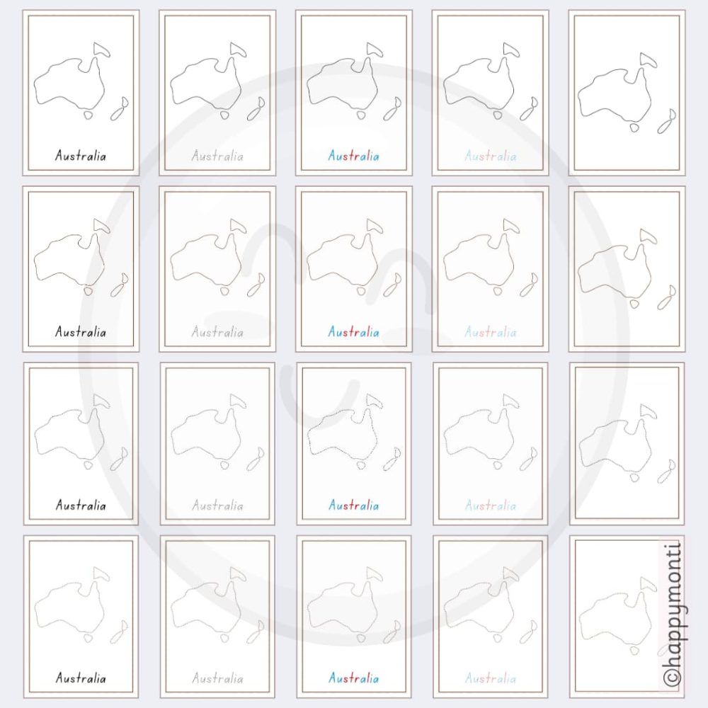 Montessori Australia tracing card set showcasing multiple page designs with dotted outlines and handwriting practice. Perfect for geography lessons and fine motor development in Montessori classrooms and homeschooling.