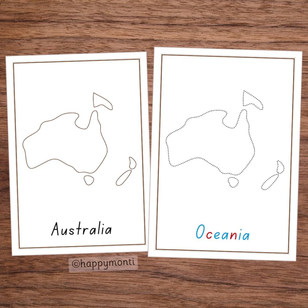 Montessori Australia / Oceania tracing pages with outline and dotted versions for handwriting practice and geography lessons. Perfect for Montessori education and early learning activities.