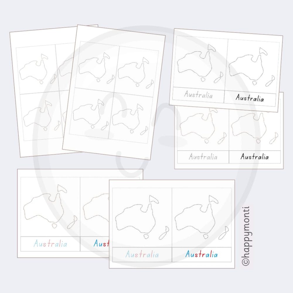 Montessori Australia tracing cards in various layouts for handwriting practice and geography learning. Includes dotted outlines and text for tracing, perfect for Montessori and homeschool activities.