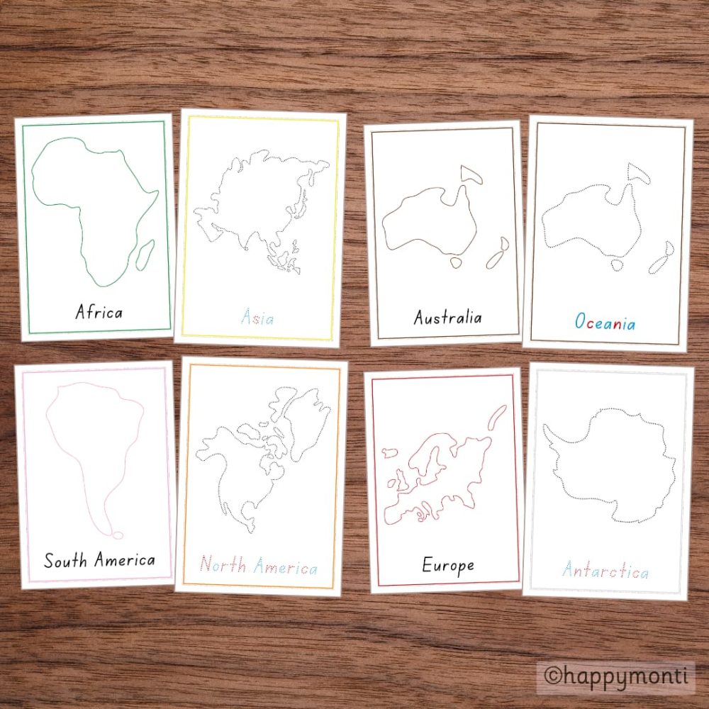 Montessori continent tracing pages featuring outlines of Africa, Asia, Australia, Oceania, South America, North America, Europe, and Antarctica. Ideal for hands-on geography learning and continent follow-up activities.