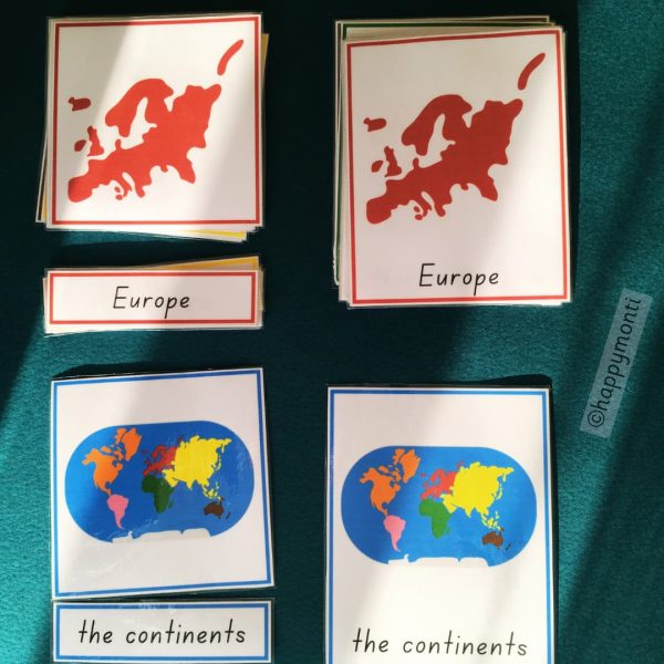 Montessori continents of the world 3-part cards showing Europe and a world map, designed for geography learning. Perfect for preschool and primary Montessori classrooms or homeschooling to teach continent recognition and map skills.