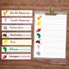 Montessori "Continents of the World" activity with labeled continent cards featuring vibrant shapes (North America, South America, Antarctica, Australia, Asia, Africa, Europe) alongside a matching worksheet on a clipboard. Designed to foster geography skills, continent recognition, and fine motor development in Montessori-inspired learning environments.