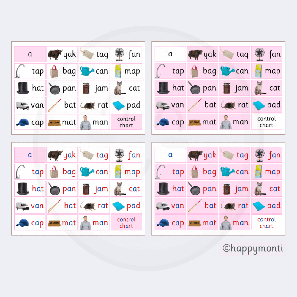 Montessori Pink Series CVC control charts with real-life images and phonetic words for early reading, self-correction, and preschool literacy practice.