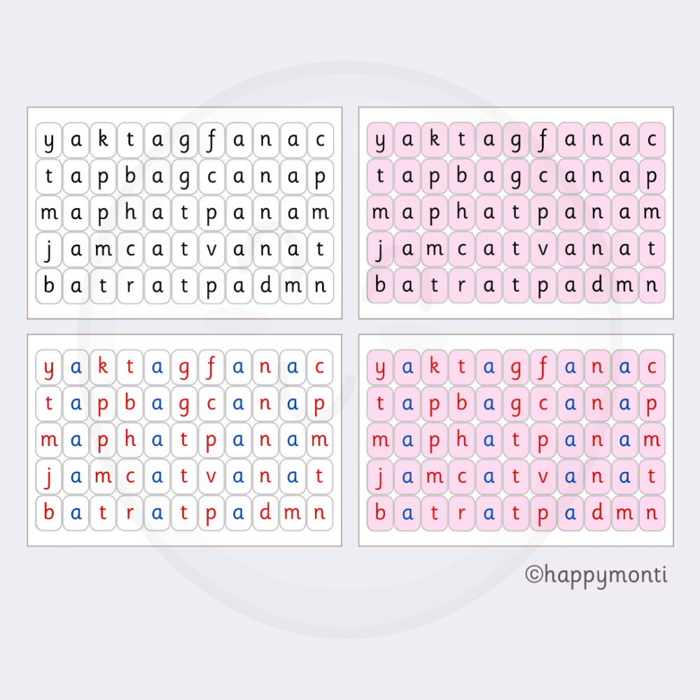 Montessori Pink Series CVC letter tiles in black-and-white and red-and-blue vowel–consonant formats for preschool phonics and early literacy fluency.