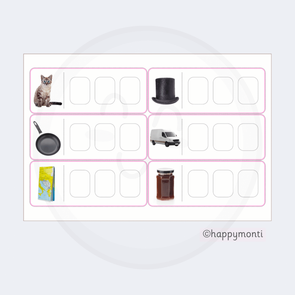Montessori Pink Series CVC spelling word cards with real-life images and blank letter boxes for early phonics, handwriting, and spelling practice.
