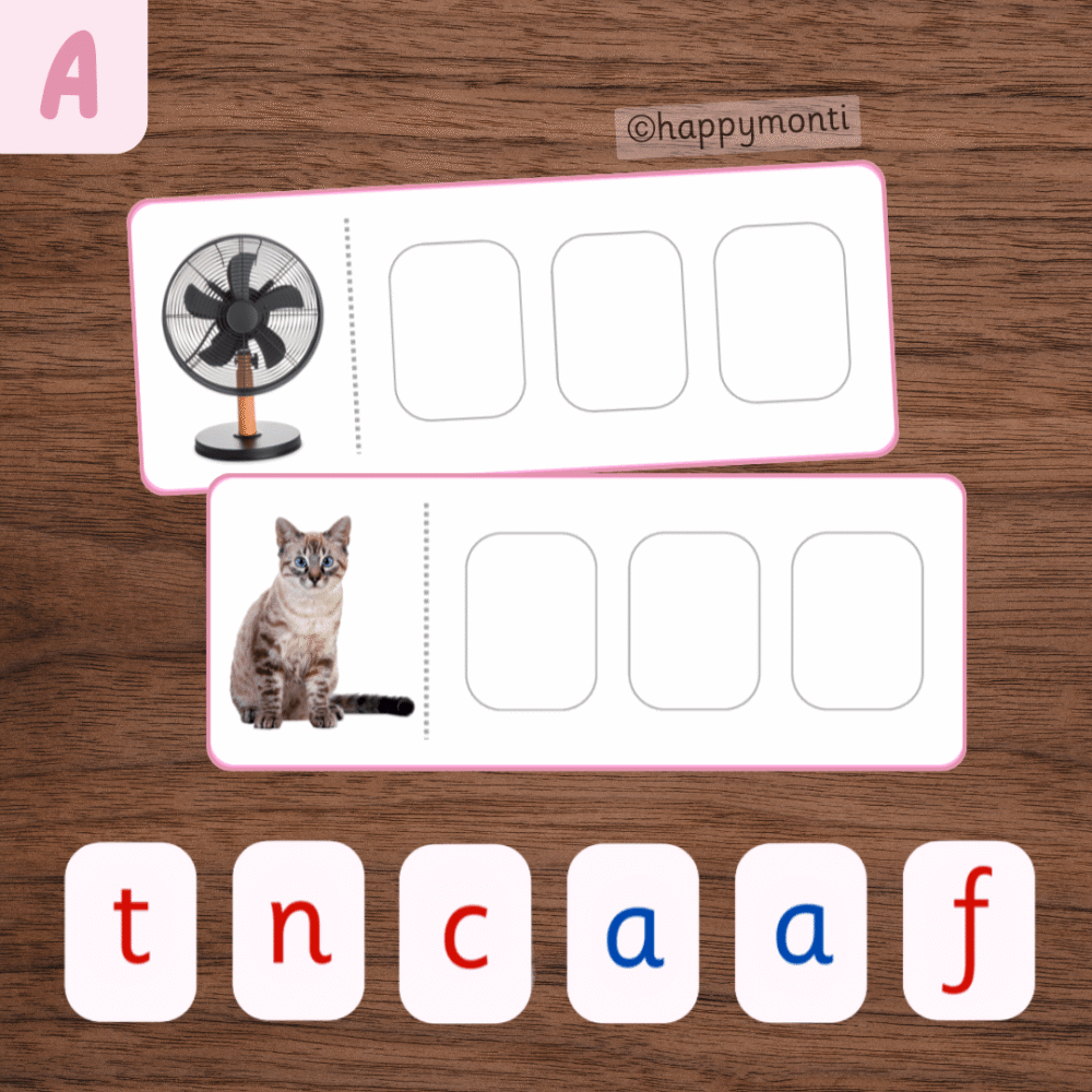 Montessori Pink Series CVC phonics cards with fan and cat word cards above movable alphabet letter tiles for hands-on early spelling, and phonemic awareness practice.