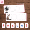 Montessori Pink Series CVC phonics cards with fan and cat word cards above movable alphabet letter tiles for hands-on early spelling, and phonemic awareness practice.