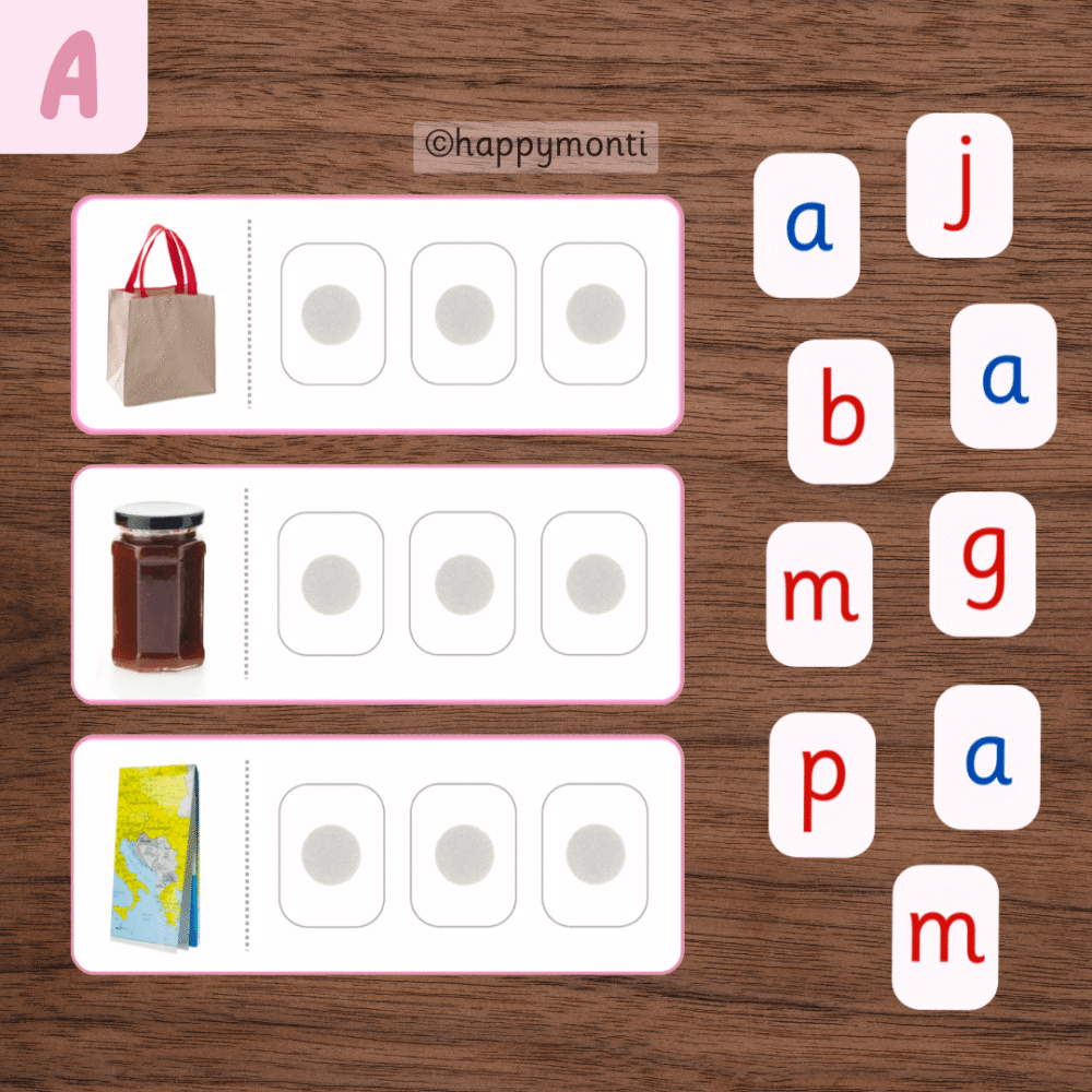 Montessori Pink Series CVC word-building cards with pictures of a bag, jam, and map, shown with red and blue movable alphabet letter tiles for preschool phonics and early reading practice.